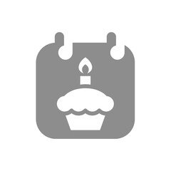 Calendar page and birthday cake. Cupcake with candle, celebration reminder vector icon.