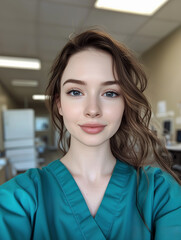 Fototapeta premium A Beautiful Smiling Nurse in Scrubs in a Hospital Setting