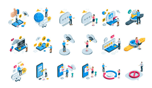 set of isometric vector business people and gadgets with message icons and clouds, in color on white background, social networks and online communications or chatting