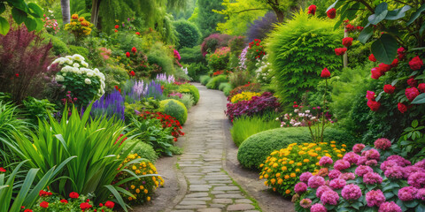 A peaceful garden path leading through lush green plants and colorful flowers, Garden, Pathway, Nature, Outdoors, Tranquil