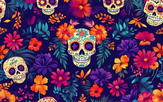 Day of the Dead Dia de los muertos pattern with tropical flowers, calavera sugar skulls and bones. Vector repeating ornament in traditional alebrije style with calavera heads and floral elements. 