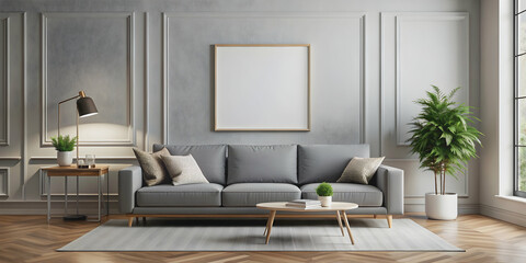 Modern living room with a grey sofa and vertical blank poster frame mockup on the wall, modern, living room, grey sofa