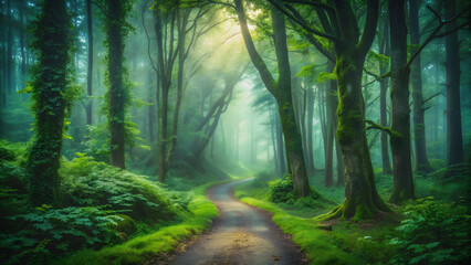 Obraz premium Enchanting path winding through a mystical dark green forest, mystic, dark, fairy tale, path, forest, green, enchanted, mysterious