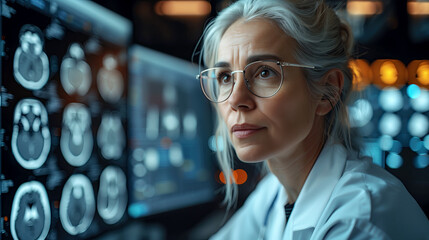 A focused female neuroscientist with glasses is carefully analyzing brain scans displayed on multiple digital screens in a high-tech medical facility