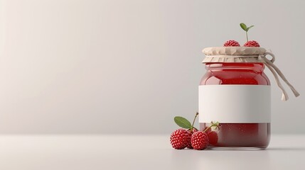 Minimalist jar of cherry jam with a simple label against a white background, highlighting its rich color and texture.