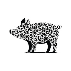 Pig made by simple botanical drawing, black and white animal illustration black and white animal illustration