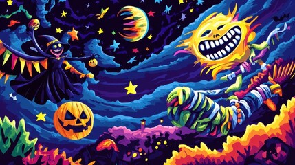 Fototapeta premium This artwork showcases a playful Halloween theme with whimsical characters enjoying the festive spirit under a starry night sky