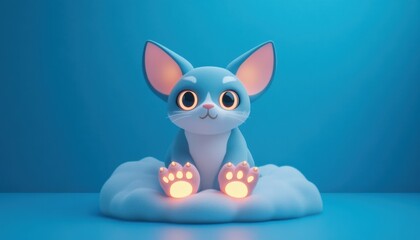 Fototapeta premium A cute blue cartoon rabbit sitting on a cloud, glowing with charm and innocence against a vibrant blue background.