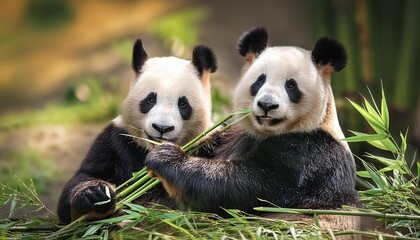 Obraz premium Gentle giant panda pair munching on bamboo