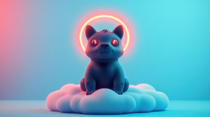 A playful and cute cartoon dog with a glowing halo, sitting on a fluffy cloud in a vibrant, colorful background.