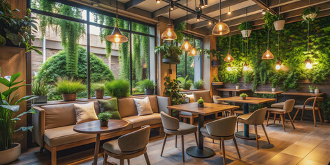 Naklejka premium Cozy cafe with soft lighting, comfortable seating, and lush greenery , welcoming, retreat, friendly, inviting, warm, conversation