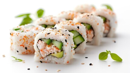 A colorful California roll sushi featuring crab meat, avocado, and cucumber.