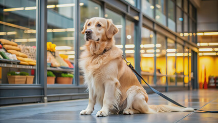 Golden retriever dog sitting on leash outside supermarket, patiently waiting for owner, Golden retriever, dog, leash, sitting