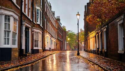 Fototapeta premium A serene London street blanketed with wet autumn leaves after a recent rain, showcasing the tranquil and reflective mood of the city in fall.