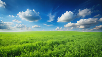 Obraz premium Field of green fresh grass under blue sky, grass, green, field, nature, outdoors, landscape, serene, vibrant, peaceful