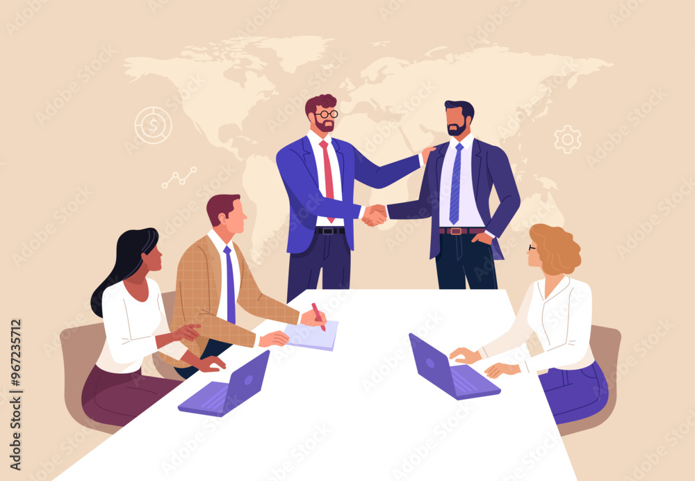 Canvas Prints Business Agreement Concept. Vector illustration in flat style of a group of diverse people sitting at a desk and two businessmen at the head shaking hands with a world map in the background.