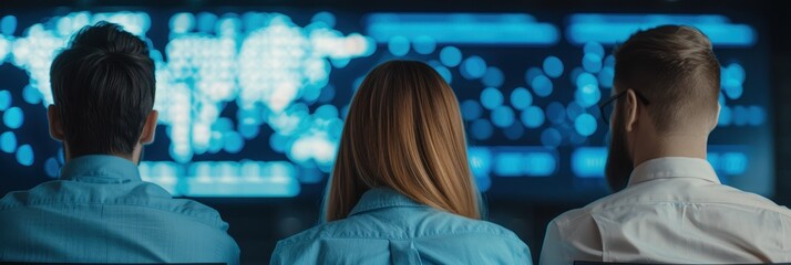 Rear view of a diverse team working in a control room, analyzing global data displayed on multiple large digital screens, focusing on information analysis.