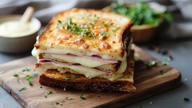 A classic French croque monsieur with ham, Gruy&egrave;re cheese, and b&eacute;chamel sauce.
