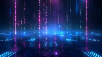 Fototapeta na wymiar A captivating abstract digital scene featuring vibrant blue and pink neon lights creating a mesmerizing futuristic atmosphere. Stage for product presentation.