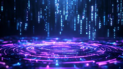 A captivating digital background featuring glowing circular patterns and cascading light, perfect for technology and abstract themes. Stage for product presentation.