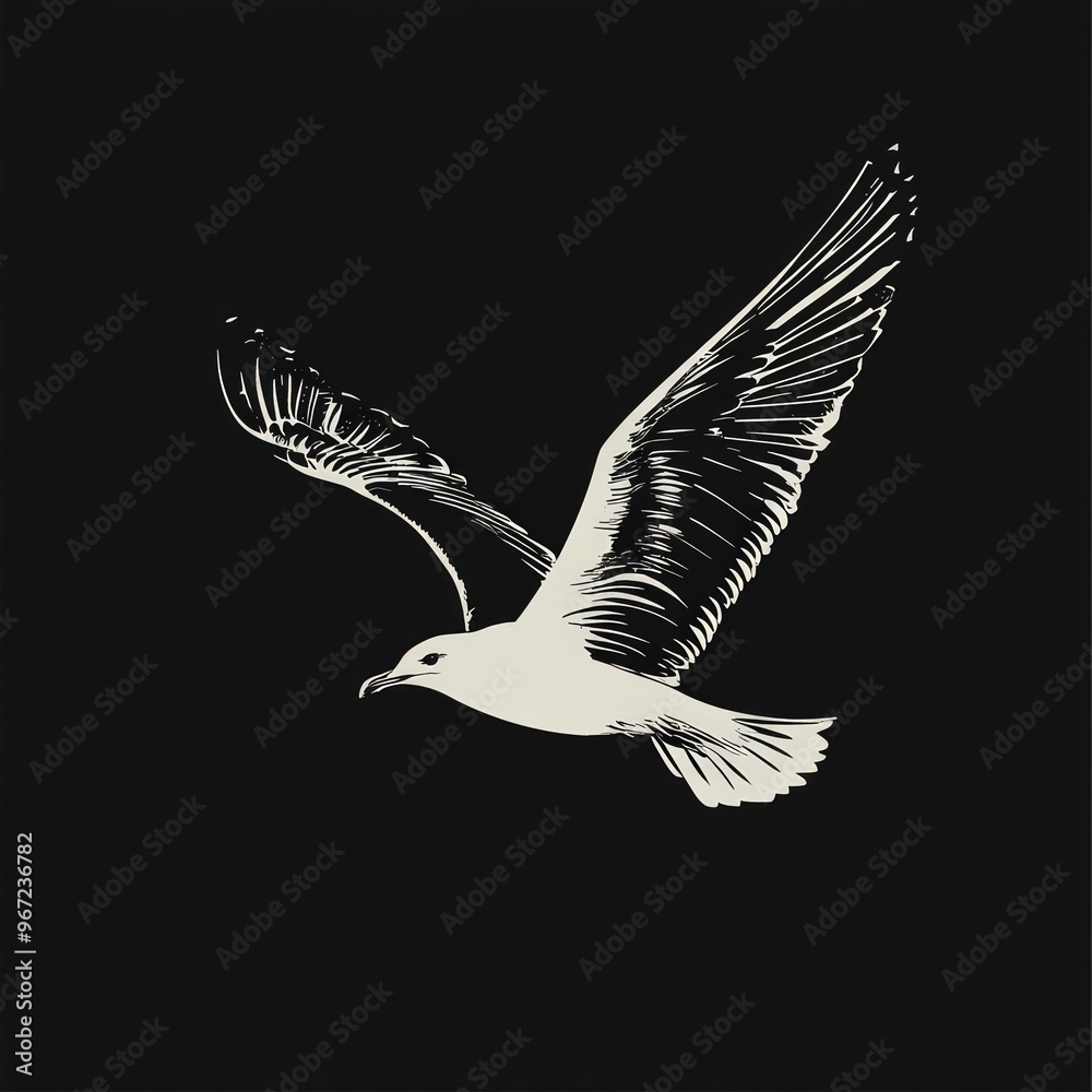 Poster Hand-drawn sketch of a seagull in flight against a black background.