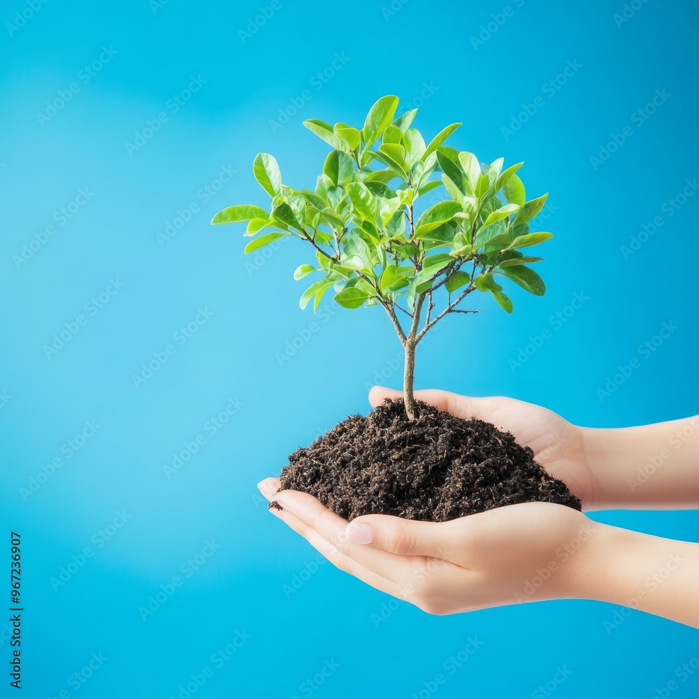 Poster Hands holding a small green plant growing in soil against a blue background.