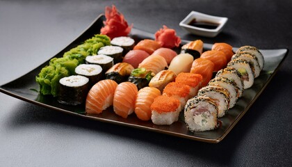 A beautifully arranged sushi platter featuring various types of sushi, including nigiri and maki rolls, served with traditional soy sauce, wasabi, and pickled ginger.