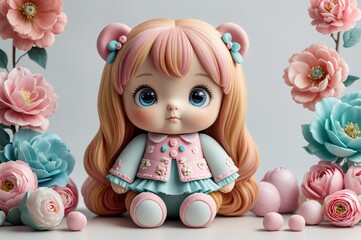 Cute little 3D doll in children's cartoon style, animated fantasy. Artistic background. Artistic illustration. Cartoon stylized illustrated art.