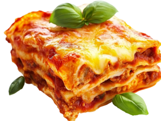 a lasagna with basil leaves on top