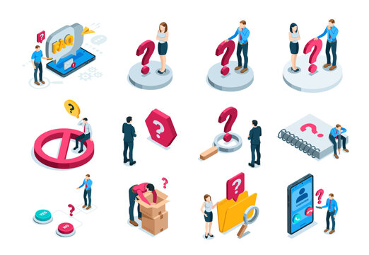 set of isometric vector business people and question mark, in color on white background, search for solutions or unknown problem