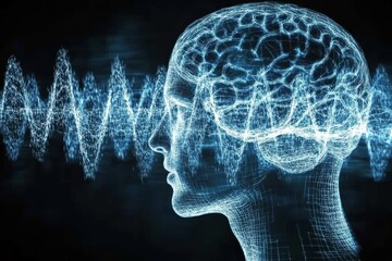 Augmented vision neural resonance brain function brain mapping and sound resonance side profile of a brain with soundwave patterns symbolizing auditory focus cognition and brain function