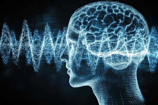 Augmented vision neural resonance brain function brain mapping and sound resonance side profile of a brain with soundwave patterns symbolizing auditory focus cognition and brain function