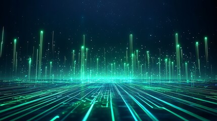 A futuristic digital landscape featuring glowing lines and green lights, representing data flow and technology advancement. Stage for product presentation.