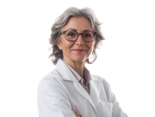 a woman wearing glasses and a white coat