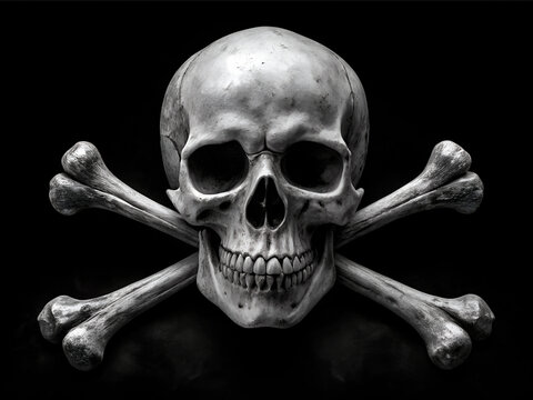 White image of skull with block background. Skull with crossbones on the front. Generated by AI