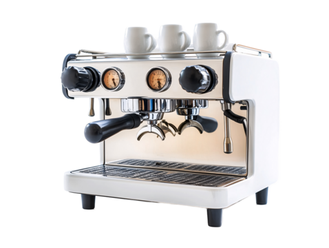 a white espresso machine with white cups on top