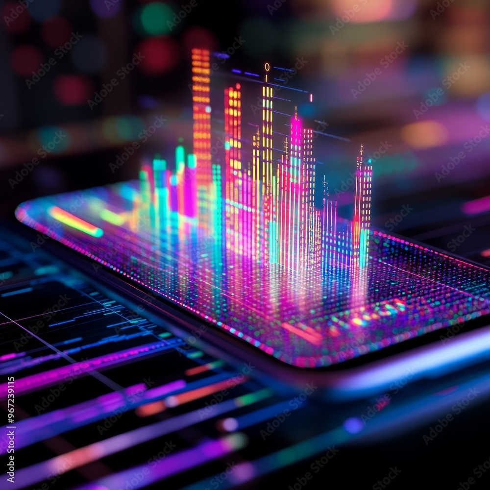 Canvas Prints Holographic data visualization with glowing bars and lines on a smartphone screen.