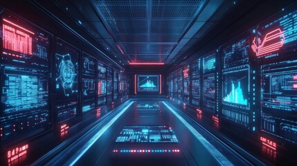 Obraz premium Futuristic Tech Corridor with Glowing Screens