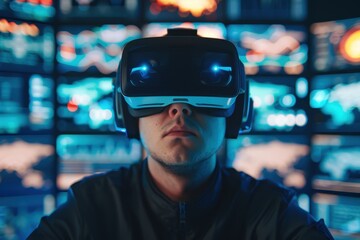 A man wearing a virtual reality headset is immersed in a futuristic environment, surrounded by multiple data screens displaying complex information.