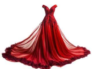 a red dress with a long train
