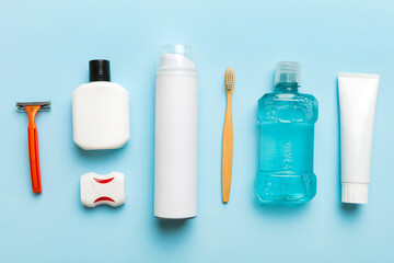 Mockup for bathing products top view flat lay, spa razor, toothpaste, soap, gel and other various accessories. Cosmetics for skin health. Bath Mockup for your logo