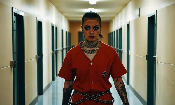 A female prisoner with a fierce face and tattoos is walking in a prison hallway