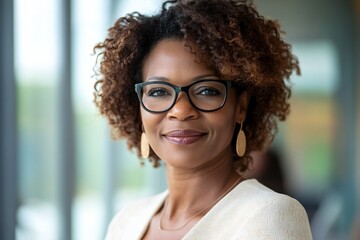 Happy middle aged professional african american business woman, smiling mature executive ceo manager, 45 years old female entrepreneur, confident business owner wearing glasses in office. Headshot por