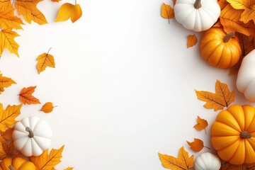Fototapeta premium Autumn-themed flat lay with pumpkins, leaves, and berries on a white background