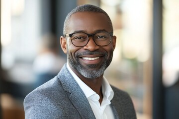 Happy middle aged professional african american business man, smiling mature executive ceo manager, 45 years old male entrepreneur, confident business owner wearing glasses in office. Headshot portrai
