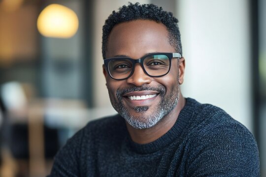 Happy middle aged professional african american business man, smiling mature executive ceo manager, 45 years old male entrepreneur, confident business owner wearing glasses in office. Headshot portrai