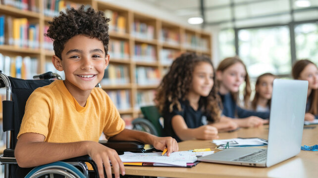 Smiling boy in yellow shirt sitting in wheelchair during classroom study session with diverse classmates