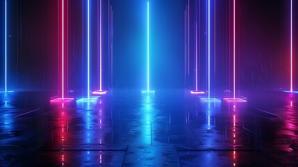 A futuristic scene with vibrant neon lights reflecting on a polished floor, creating a captivating and immersive atmosphere. Stage for product presentation.