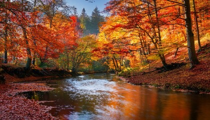 A calm river winding through a dense autumn forest, with fallen leaves floating on the water, creating a peaceful and serene nature scene.