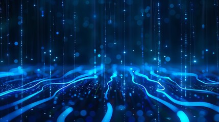 Obraz premium A mesmerizing blue abstract background featuring illuminated lines and shimmering particles, perfect for tech and digital themes. Stage for product presentation.